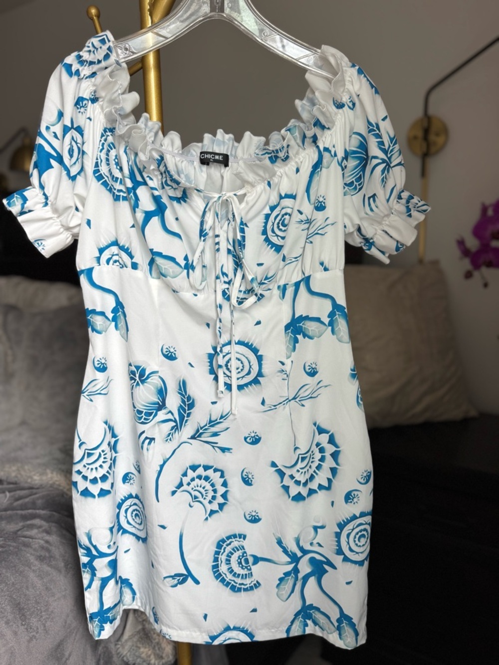 CHICMEE White Puff Sleeve Spring Dress with Blue Floral Print - XL